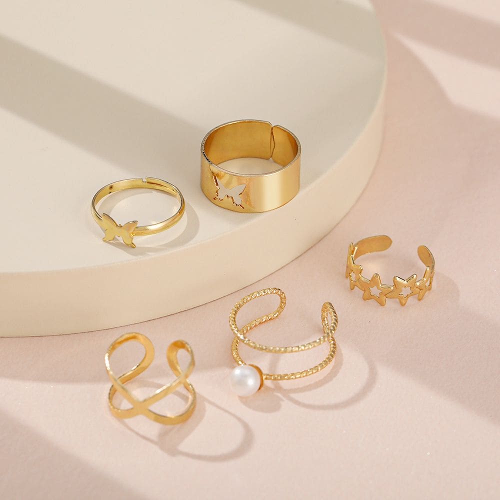 Set Of 5 Butterfly Cross Pearl Rings, Docona Elegant Rings, Vintage Elegant Imitation Rings, Vintage Butterfly Circle Joint Ring Boho Finger Rings Jewelry Set Of 5 Butterfly Cross Pearl Rings, Docona Elegant Rings, Vintage Elegant Imitation Rings, Vintage Butterfly Circle Joint Ring Boho Finger Rings Jewelry